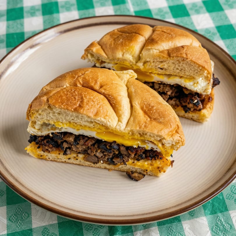 Two breakfast sandwiches with egg, meat, and cheese on a plate with a green checkered tablecloth.