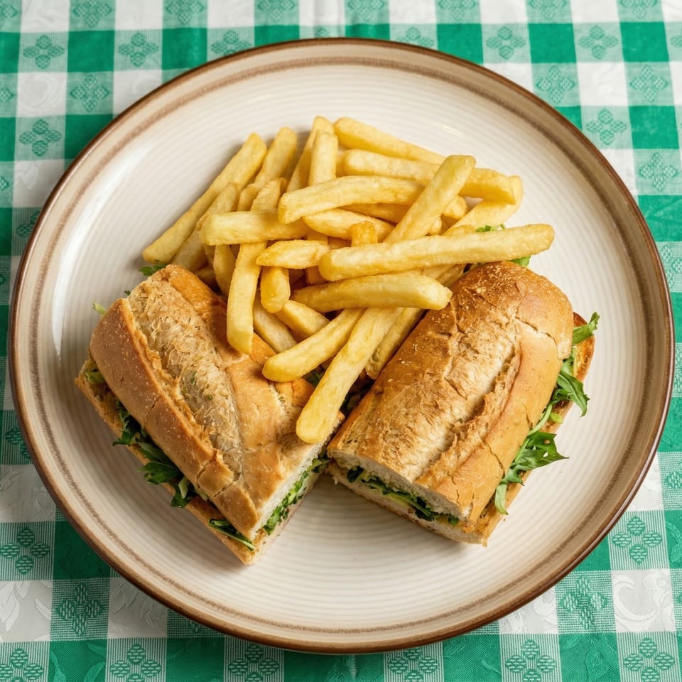 A baguette sandwich with greens and a side of golden french fries on a plate.