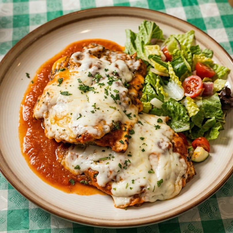 Chicken parmesan with melted mozzarella, tomato sauce, and a side salad on a checkered tablecloth.
