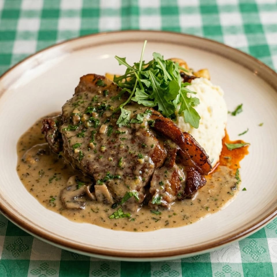 Braised pork with mushroom gravy, mashed potatoes, and arugula on a white plate with a green checkered tablecloth.