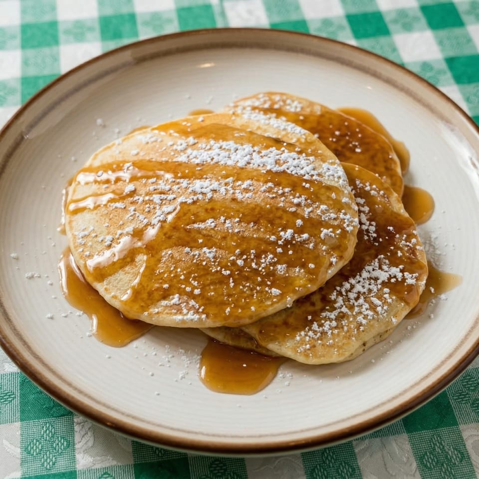 Stack of pancakes drizzled with syrup and powdered sugar on a white plate with a green checkered tablecloth.