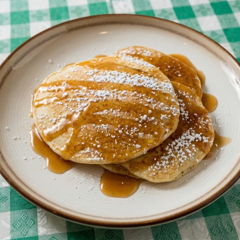 Stack of pancakes drizzled with syrup and powdered sugar on a white plate with a green checkered tablecloth.