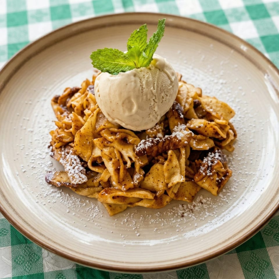 Sweet pasta with cinnamon, powdered sugar, walnuts, and a scoop of ice cream topped with mint.