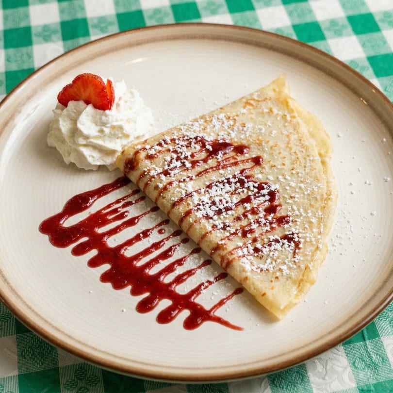 A folded crepe drizzled with strawberry sauce and powdered sugar, served with whipped cream and a strawberry slice.