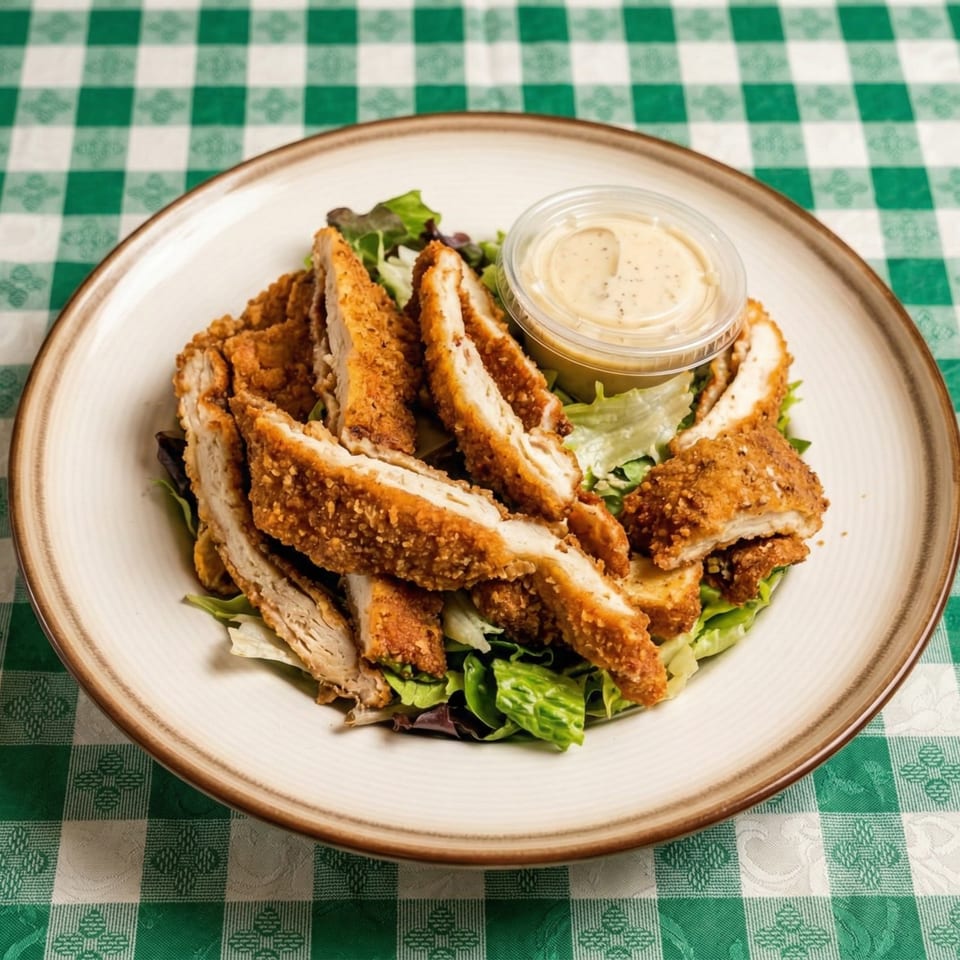 Crispy chicken tenders on a bed of fresh greens with a side of dressing, on a green and white checkered tablecloth.