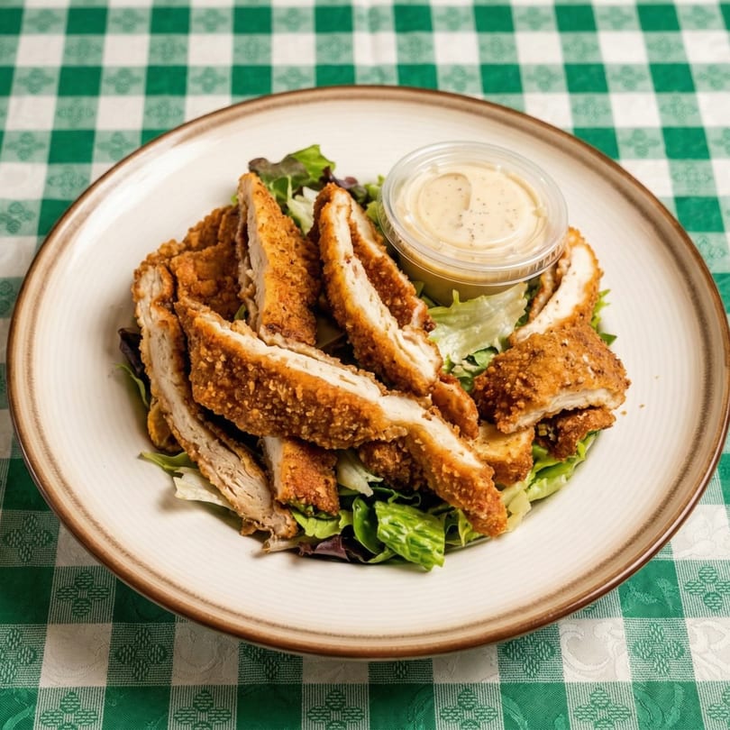 Crispy chicken tenders on a bed of fresh greens with a side of dressing, on a green and white checkered tablecloth.