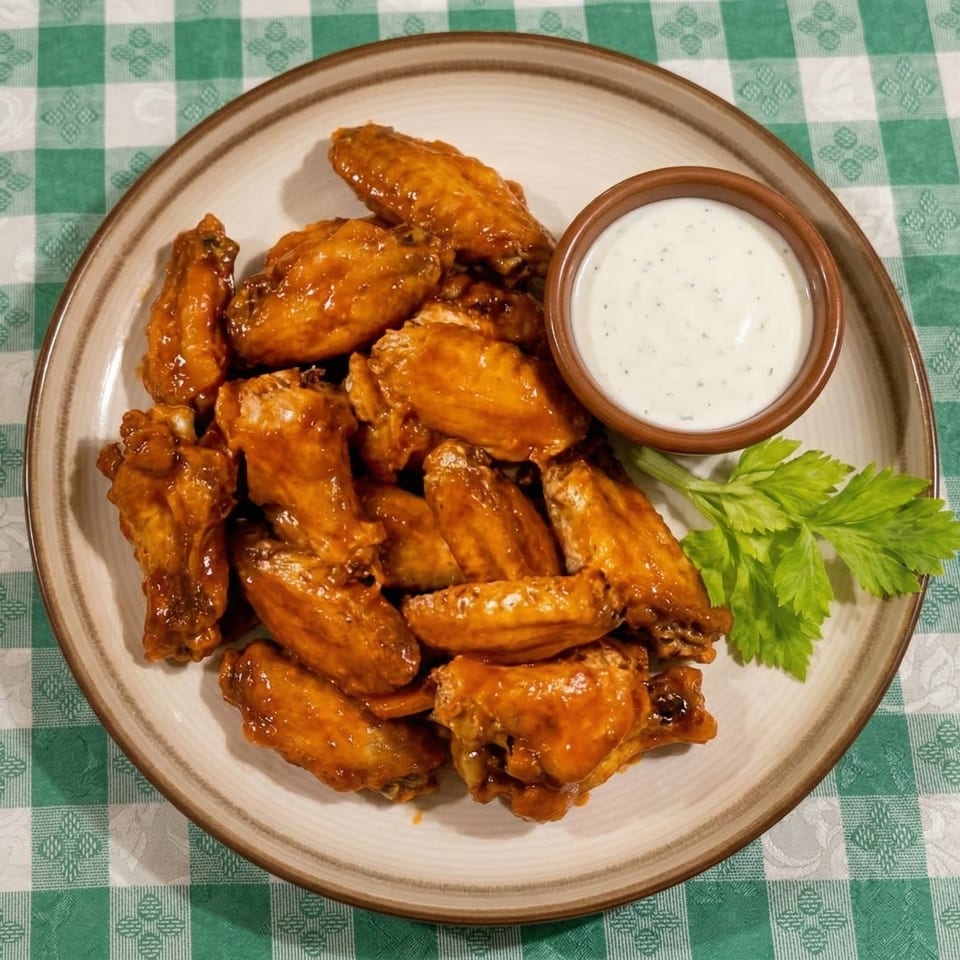 A plate of glistening buffalo wings with a side of ranch dressing and celery on a green checkered tablecloth.