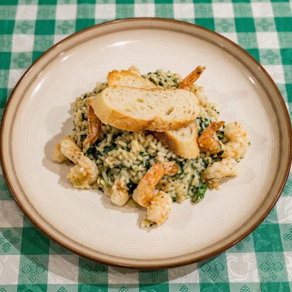 Creamy shrimp risotto with spinach and two slices of baguette on a white plate.
