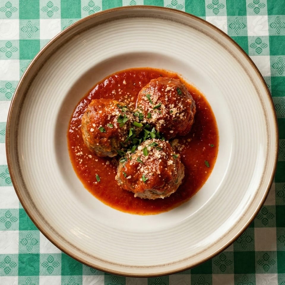 Three large meatballs in red sauce, topped with grated cheese and parsley, on a white plate.