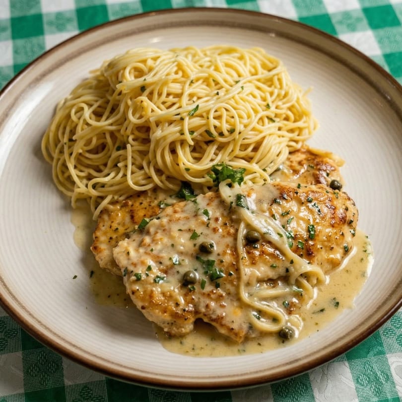 Chicken piccata with capers and creamy sauce, served with a side of spaghetti on a plate.