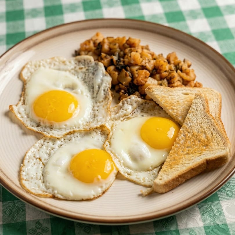 Three fried eggs with crispy edges, hash browns, and toast on a plate with a green checkered tablecloth.